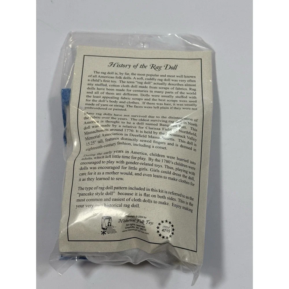Rag Doll Craft Kit Historical Folk Toys LLC 4715 Blonde Blue Dress